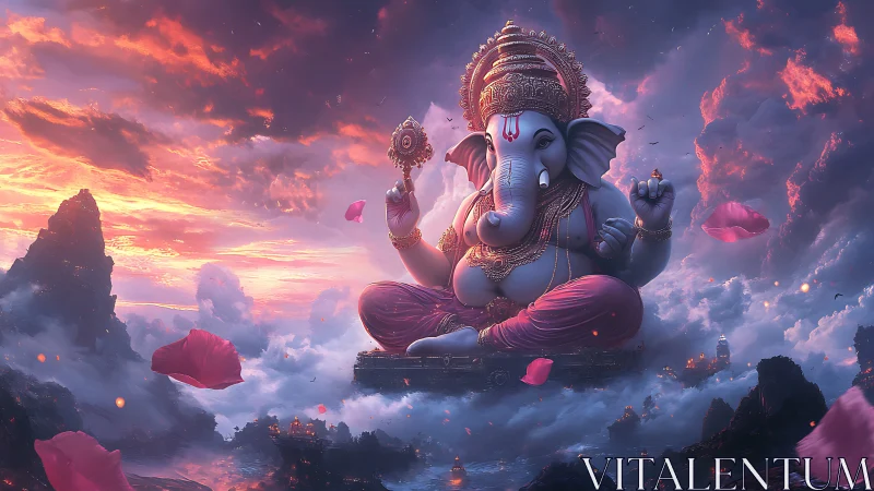 Celestial Ganesha seated over misty mountains at sunset