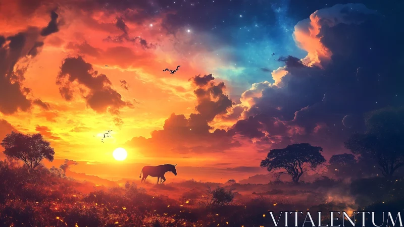 Twilight-split sky cradles a lone zebra in ember-lit grasslands