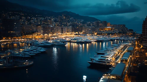 Luxury marina skyline under cinematic blue hour glow.