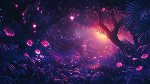 Luminescent forest garden with neon hearts glowing in darkness