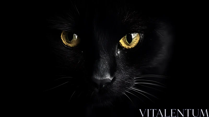 Black cat face against dark background with luminous amber eyes.