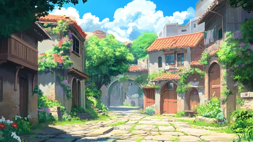 Sunlit village lane with flowering vines and tiled roofs.