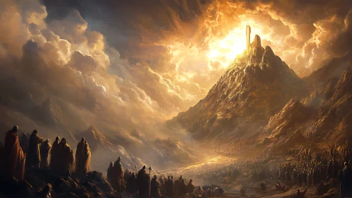 Pilgrims climb the sun crowned mountain of burning prophecy