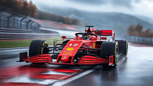 Red Formula 1 race car on wet circuit in motion.
