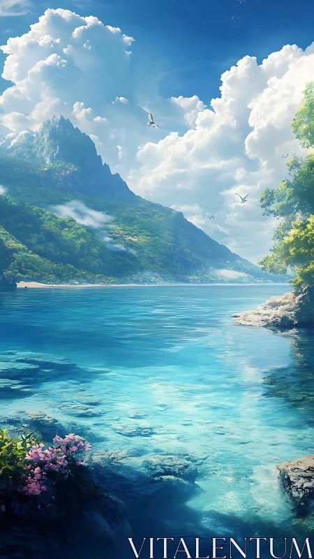 Tropical lagoon under towering clouds and emerald peaks.