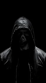 Hooded figure in black mask against dark background.