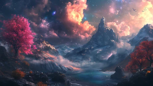 Fantastical mountain valley glows under nebula skies.