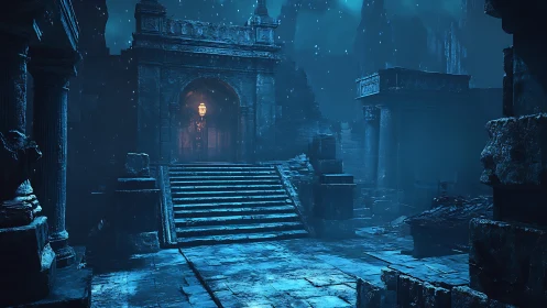 Ancient blue-lit ruin with central stairway and lantern glow.