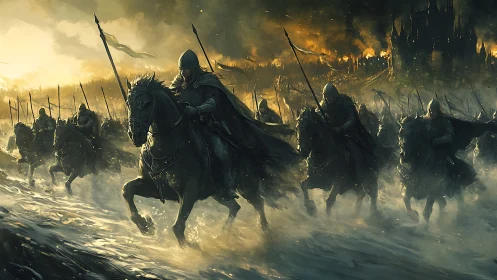 Armored cavalry charge through incendiary siegefront haze.