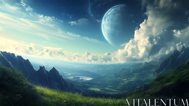 Moonlit valley dreams beneath towering emerald cliffs.