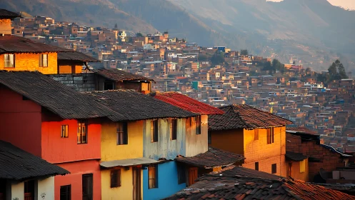 Hillside neighborhood with dense colorful houses at dusk.