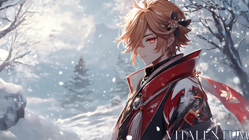 Red-clad anime warrior stands in serene snowy forest