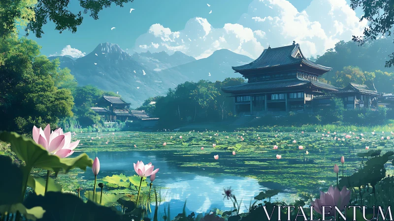 Serene temple complex overlooks lotus pond beneath mountains