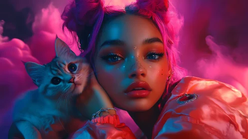 Neon dream portrait of girl and cat in glowing pink clouds