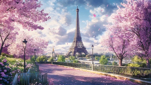 Spring blossoms surround Eiffel Tower under soft morning light