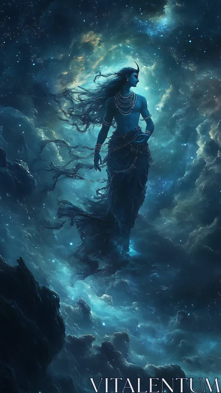 Starborn deity strolls through swirling blue cosmic storm