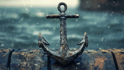 Corroded maritime anchor on barrel under spray-laden seascape.