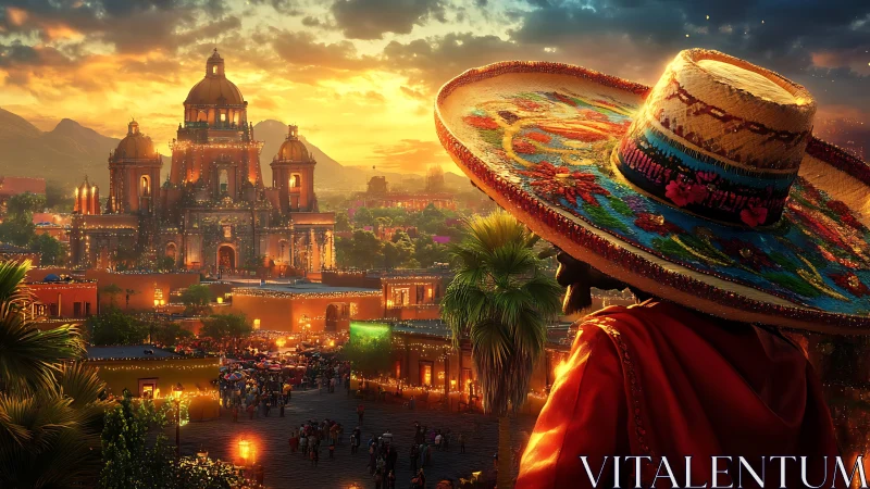 Sunset festival overlit cathedral and embroidered sombrero.