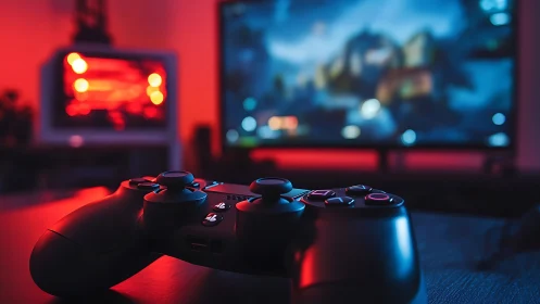 Ergonomic gamepad in bokeh-lit RGB gaming workstation scene.
