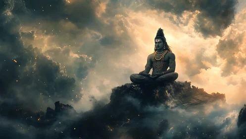 Divine meditative figure amid stormlit celestial clouds.