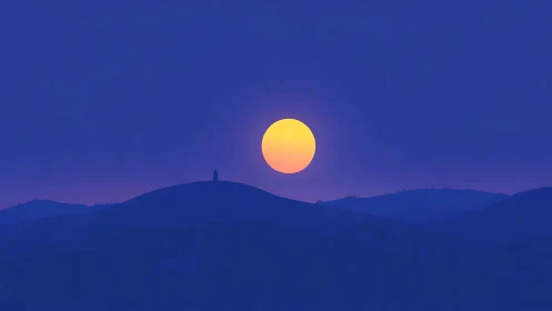 Solitary hilltower greeting a citrus moon at blue hour.