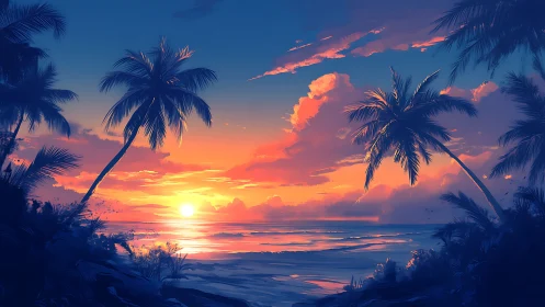Golden tropical sunset glows gently over a peaceful shore