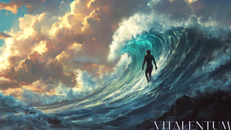 Surfer Silhouette Riding Monumental Wave Under Luminous Clouds.