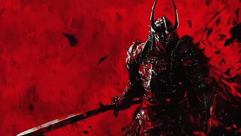Armored samurai silhouette cuts through violent crimson storm.