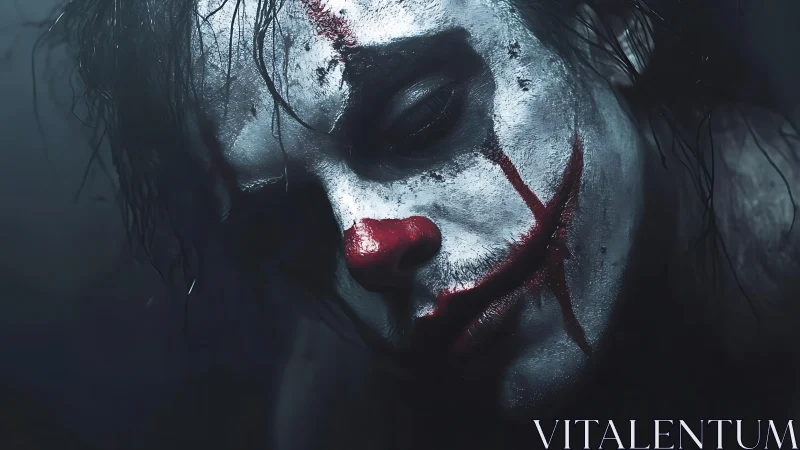 Close portrait shows downward-tilted face with smeared clown makeup