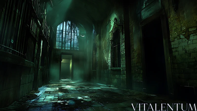 Misty green corridor where mystery lingers in the dark.