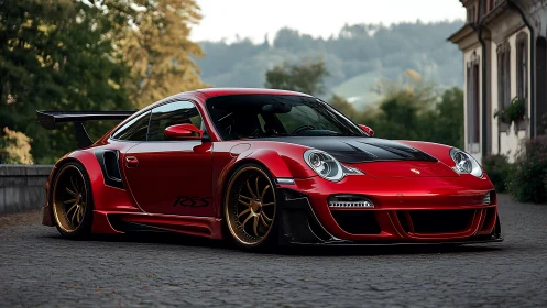 Red widebody sports coupe is parked on cobblestone pavement