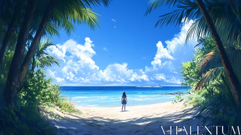 Tropical shoreline vista with solitary figure in digital light.