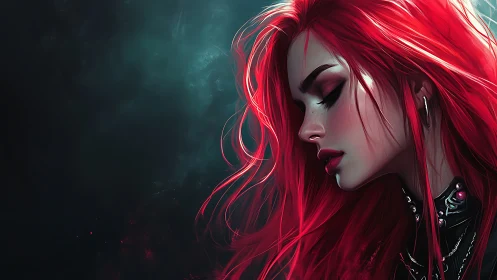 Red haired woman in profile glows against dark teal void