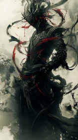 Dark armored wraith stands amid swirling red energy strands