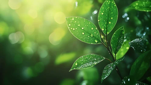 Macro botanical study of dewy foliage with bokeh field.