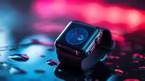 Smartwatch lies on wet surface under neon blue and pink light