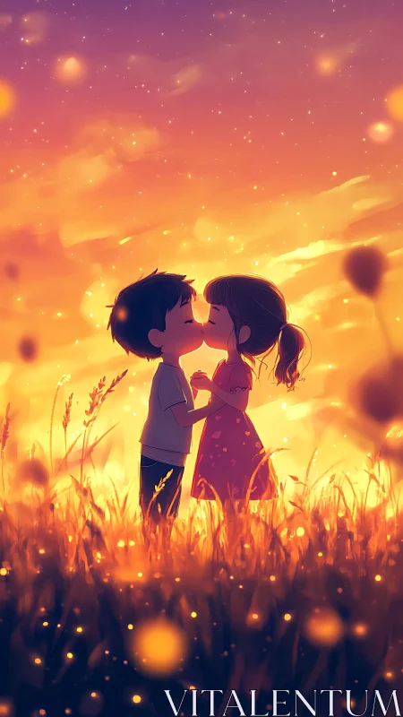 Young Couple Kissing in Golden Wheat Field at Sunset.