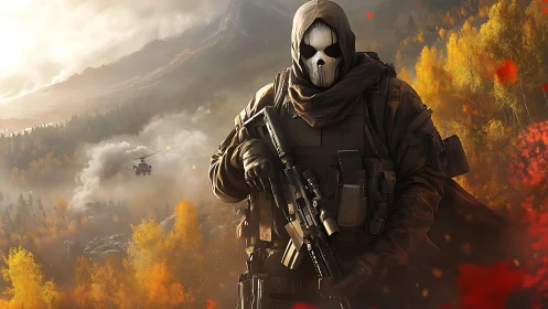 Masked tactical soldier stands armed in autumn forest valley