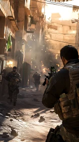 Armed soldiers advance through narrow damaged urban alley.