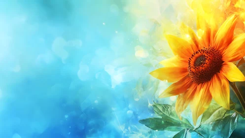 High-saturation sunflower over bokeh blue gradient background