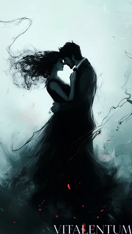 Silhouetted Couple Embracing with Ethereal Ink Effects