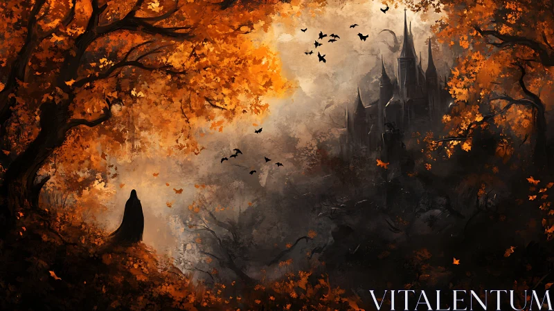 Cloaked figure in autumn forest facing distant gothic castle