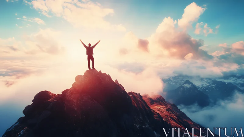 Solitary figure on sunlit mountain summit above clouds.