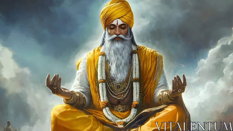 Golden-robed sage in stormlit meditation above swirling clouds.