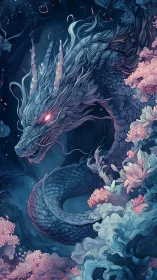 Bioluminescent serpentine dragon coils through stylized coral bloom