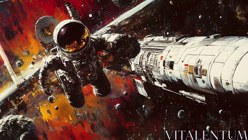 Extravehicular astronaut near cylindrical spacecraft in asteroid belt