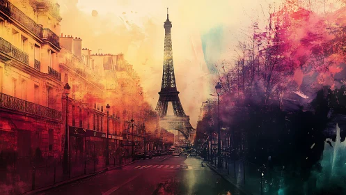 Urban Paris street with Eiffel Tower and color overlay.