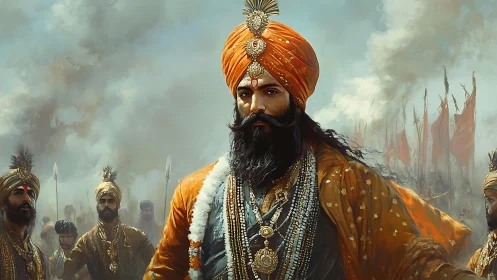 Turbaned leader stands before armed followers in smoky field