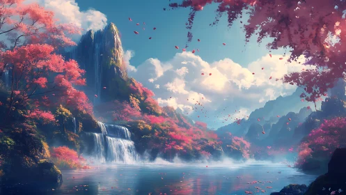 Digital landscape shows tiered waterfall and pink foliage valley