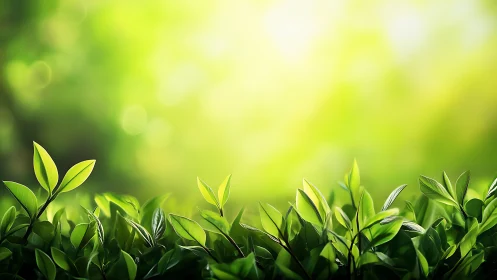 Green leaves in soft sunlight against blurred background.